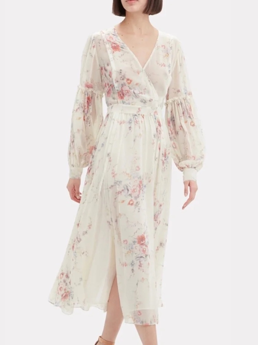 LoveShackFancy Ivory Sheer Floral Wrap Dress with Pastel Accents